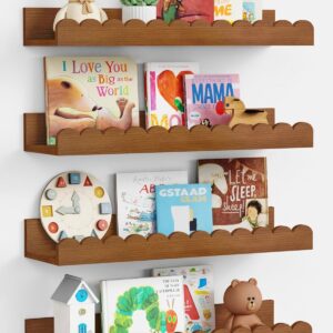 Harwaya Walnut Nursery Book Shelves Wall Set of 4, Dark Wood Scalloped Floating Bookshelf for Wall, Cloud Wooden Hanging Shelving Unit for Kids Bedroom Baby Child Toddler Room Kitchen (Walnut Brown)