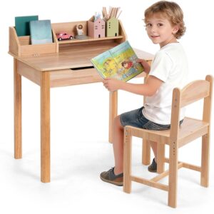 UNICOO® Wood Kids Desk and Chair Set, Height Adjustable Children Study Desk with Flip-Top Storage, Book Rack and Hutch, Wooden Writing Table for Reading, Drawing and Homework