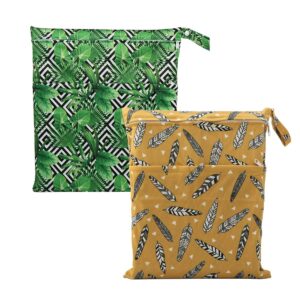 2 Wet Bags Reusable Diaper Nappy Waterproof With Two Zippered Pockets (Golden Leaves and Swirl Leaves)