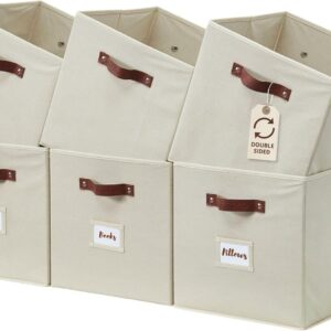DECOMOMO Storage Bins, Cube Storage Bin with Labels, Fabric Storage Cubes for Shelves (10.5″ x 11″ / 6pcs, Beige)
