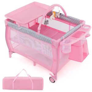 BABY JOY 3 in 1 Portable Pack and Play with Bassinet, Convertible Baby Travel Crib Playard with Changing Table, Brake Wheel, Newborn Napper with Large Capacity Storage Shelf, Oxford Carry Bag