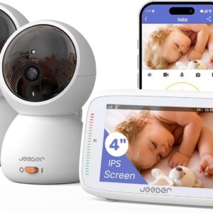 1080P WiFi Baby Monitor with 2 Camera and Audio, Pan-Tilt-Zoom Video Camera, 4” IPS Screen, HD Night Vision, Motion & Cry Detection, 360° View, Temperature Sensor, Feeding Reminder, Lullabies