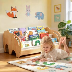 Wooden Book Shelf for Kids Rooms, 4-Tier Decorative Kids Bookshelf, Portable Front-Facing Book Display Organizer, Montessori Toddler Bookcase for Baby’s Bedroom, Playroom, Nursery Room or Classroom