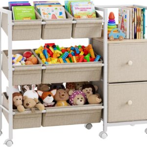Modanais Kids Toy Organizers and Storage Bins – 7 Storage Bins + 2 Fabric Drawers + 1 Bookshelf, Playroom Storage, Mobile Cart Organizer for Toy, Clothes, Blankets and Books – Off White