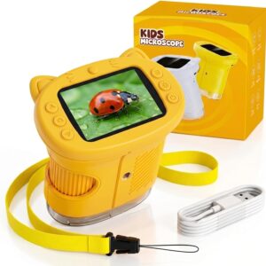 Kids Microscope, 1000X Handheld Digital Pocket Microscope with 2.4″ IPS Screen & 8 LEDs, Rechargeable STEM Educational Science Toy for Outdoor Exploration, Gift for Boys Girls Age 4-12, Yellow