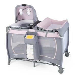 BABY JOY 5 in 1 Pack and Play, Portable Baby Playard w/Bassinet & Diaper Changing Table, Infant Pink Bassinet Crib with Hangings & Music & Oxford Bag for Baby Girl Toddlers (Pink + Purple, Classic)