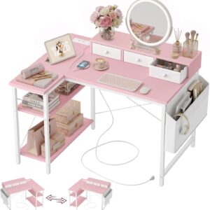 TIQLAB 40 Inch L Shaped Computer Desk with 3 Drawers & Power Outlets, Small Corner Desk with Reversible Shelves, Vanity Kids Writing PC Desk for Bedroom Home Office, Study Table for Girls, Pink