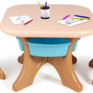 Costzon Kids Table and Chairs, 3 PCS Activity Desk Set w/ 4 Detachable Storage Bins for Indoor Outdoor Play Art Crafts Picnic Patio, Lightweight Toddler Table and Chair Set (Coffee & Blue)