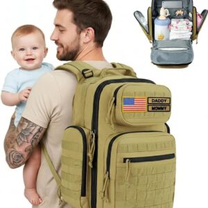 MIRACOL Diaper Bag Backpack for Dad: 40L Large Capacity Tactical Dad Bag with 16+ Organized Pockets – 900D Fabric Military-Style for Travel, Outdoor & Daycare Essentials (Tan) for Father’s Day