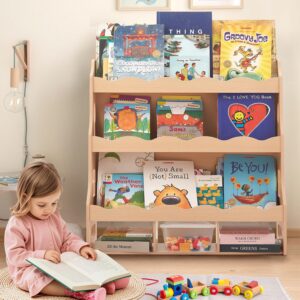 Himold Wooden Kids Bookshelf, Book Shelf for Kids Rooms w/Scalloped Edges, Durable Childrens Bookshelf with 3 Cube Bins for Books & Toys – Toddler Montessori Bookcase Nursery