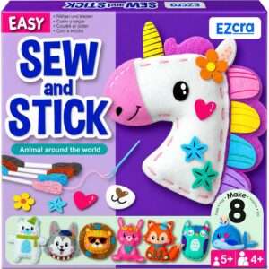 EZCRA Unicorn Sewing Kit for Kids Ages 4-8 – Learn to Sew Craft Kit – 8-in-1 Beginner Sewing Projects for Girls – Gift for Kids with Full Instructions & Felt Stickers