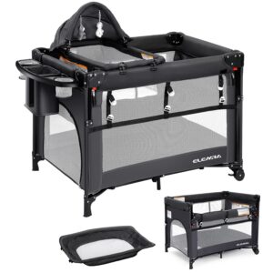 ELEMARA 5 in 1 Pack and Play, Adjustable Baby Bedside Bassinet Sleeper,1-Second Setup Foldable Playard from Newborn to Toddles,Bedside Crib with Changing Table,Portable Travel Bassinet,Ziper Door,Gray