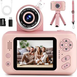 Makolle Kids Camera Toys for Girls 3-12 Year Old, Pink | Children Travel Camera HD Digital Video Camcorder, With Tripod, 32GB SD Card Included, Toddler Festival Birthday Gifts