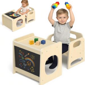 GVOO Montessori Weaning Table and Chair Set, 3 Adjustable Height Toddler Table and Chair Set with Drawing Board, for Eating, Playing and Reading, Baby Proofing Design, Gifts for Kids