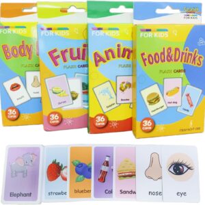 Flash Cards for Toddlers, Educational Learning Set of 144, Body Animal Food Fruit Cards, Ages 2-6, Montessori Preschool Learning Toys for Kindergarten (Orange, Pocket-Size)