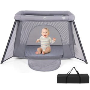 BABY JOY 2 in 1 Travel Crib, Portable Baby Playpen with Soft Washable Mattress, Foldable Pack and Play Lightweight Installation-Free Home Playard with Carry Bag, for Infants & Toddlers Indoor Outdoor