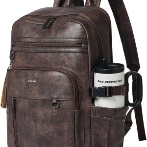 Shrrie Vegan Leather Laptop Backpack for Women,17 Inch Computer Backpack Purse for Work Business College Travel Teacher Nurse with Anti-theft Pocket & Giant Tumbler Holder Pocket,Chocolate