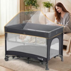 Dripex 5 in 1 Baby Bassinet, 2-Level Height Bedside Bassinet, Storage Pocket & Breathable Mesh – Foldable Portable Bedside Crib for 0 to 12 Months, Dark Grey