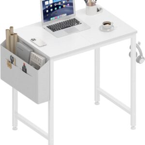 Lufeiya Small White Desk for Small Spaces, 24 Inch Kids Girls Study Writing Mini Desks for Bedroom, Simple Modern Laptop PC Little Side Table with Storage Bag Headphone Hook, White
