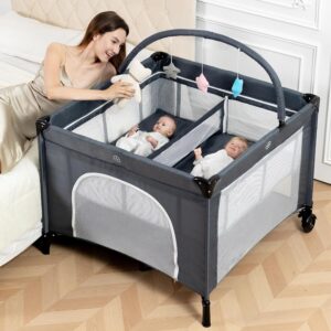 Twin Bassinet – 3 in 1 Twin Bassinets for 2 Babies with Hanging Toys & Storage Basket, Portable Pack and Play Foldable Bedside Sleeper with Carry Bag, Grey