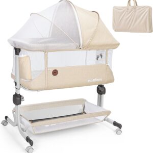 MOMFANN Baby Bassinet Bedside Sleeper, Upgraded Stability Bedside Crib with Full Mesh Sides, Soft Sheet, 6-Height Adjustment, Storage Basket, Easy Folding Portable Bassinet for Newborns, Beige