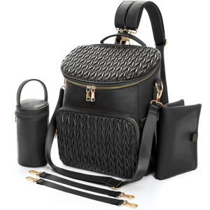Minsong Diaper Bag Backpack, Fashion Leather Mommy Backpacks, Travel Baby Diaper Bags with in Bag Organizer and Changing Pad (Black-stripes)