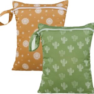 HappyFlute 2pcs Waterproof Bag Set – Cactus & Animal Pattern Wet/Dry Bag for Towels, Diapers, Swim, Beach, Gym – 10.2×14.4 inches